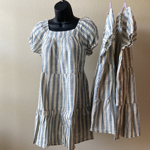 Girls Cotton Striped Square Neck Puff Sleeve Tiered Dress - Picture 3 of 10